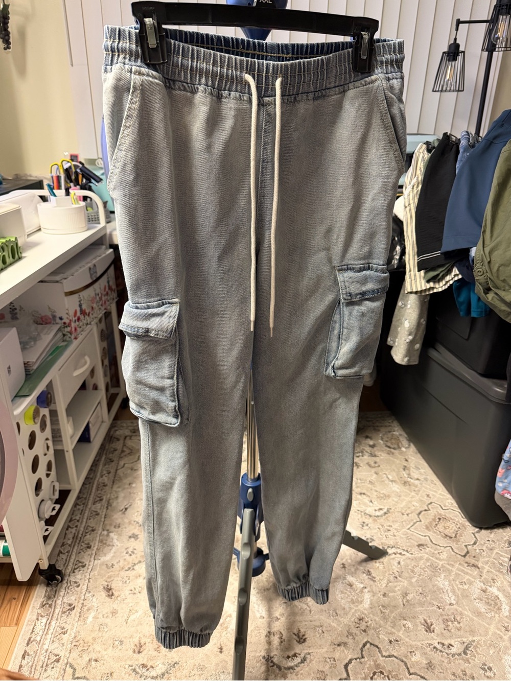 Women’s small light wash denim Cargo Jogger Pants - Casual Drawstring Comfort